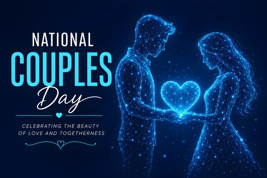 Digital illustration of a couple holding a glowing heart, represented as blue constellation nodes. national girlfriends & valentine's day, constellation. national couples day & valentine's day