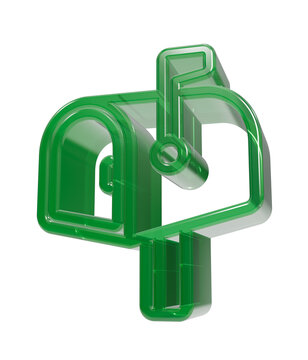 Mailbox icon rendered in a glossy green translucent plastic material stands against a clean white background.