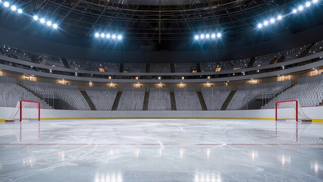 Ice hockey rink interior with two red goal nets, bright arena lights illuminating the smooth ice surface and empty spectator stands in a modern sports facility