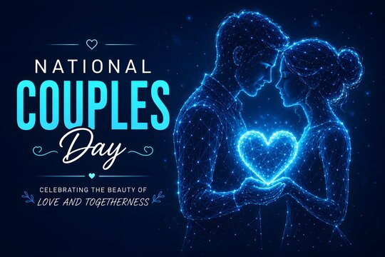 Digital illustration of a couple holding a glowing heart, represented as blue constellation nodes. national girlfriends & valentine's day, constellation. national couples day & valentine's day