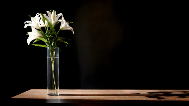 White lily single stem in tall clear vase on wooden table with dramatic side lighting creating long shadow and dark background