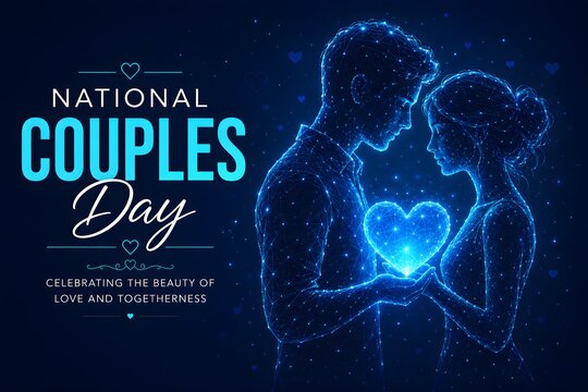 Digital illustration of a couple holding a glowing heart, represented as blue constellation nodes. national girlfriends & valentine's day, constellation. national couples day & valentine's day