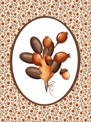 Illustration bouquet of oak leaves and branches with acorns, berries. Autumn composition hand drawnon isolated background for packaging design label postcards holidays clothes dishes © Evgeniia