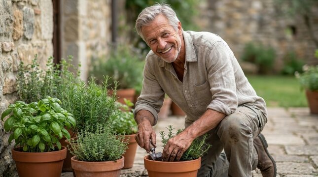 Smiling elderly man gardening lush herbs in terra cotta pots outdoors