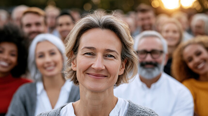 Fototapeta premium Smiling middle aged woman with gray hair stands outdoors in front of diverse crowd at sunset, joyful and confident atmosphere