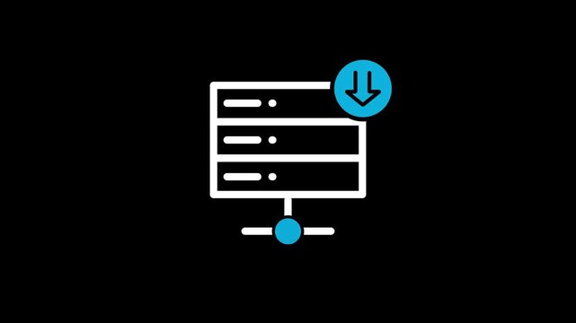 Server database download icon representing data storage, file transfer, cloud computing, digital backup, information management, hosting services, and secure technology infrastructure.