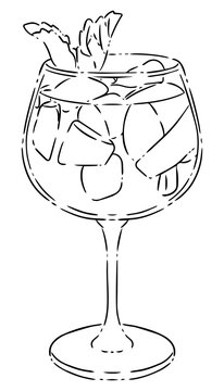Niocte Black and white line art illustration of a spritz or gin and tonic cocktail in a large stemmed balloon glass with ice cubes, citrus slices, and fresh mint leaves, isolated on a white background