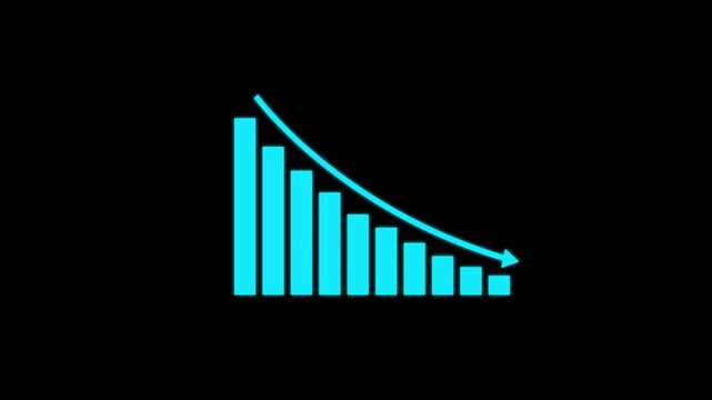 Declining business bar chart with downward arrow representing falling sales, reduced revenue, financial losses, market decline, decreasing performance, economic slowdown, and negative business trends.