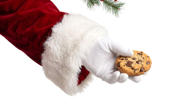 A festive image depicting santa claus offering a delicious chocolate chip cookie symbolizing christmas generosity and cheer