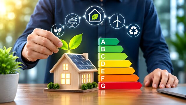 Hand placing green leaf on miniature house with solar panels, energy efficiency rating chart and sustainable technology icons, representing eco friendly living and renewable energy concept
