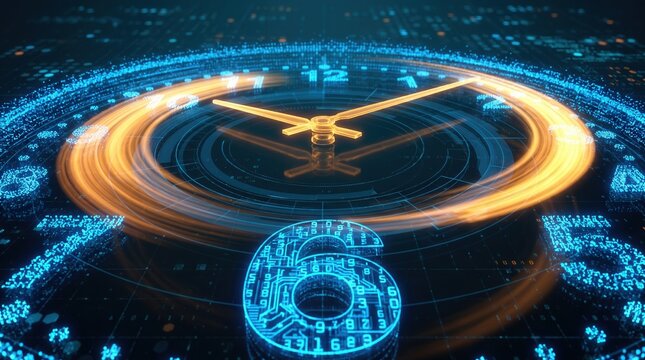 Futuristic Digital Clock with Glowing Orange Hands and Blue Circuit Board Numbers for Time Management and Fintech Concepts