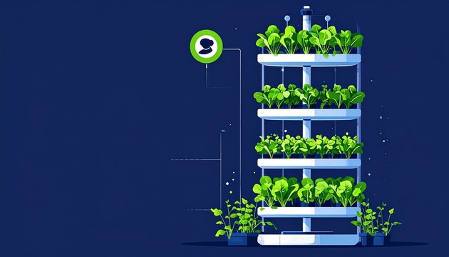 Vertical hydroponic garden with green leafy plants and eco icon.