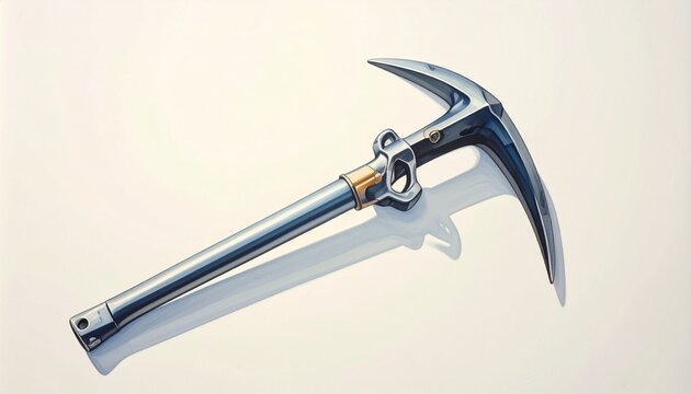 Polished Metal Climbing Ice Axe on White Background.