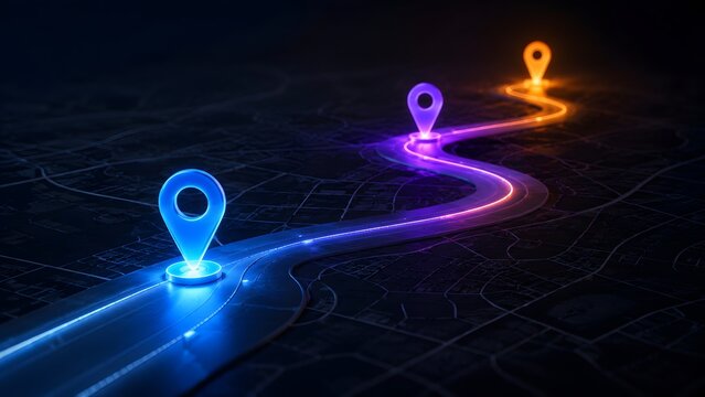 Glowing location pin icons on winding neon road over dark city map. Concept of business logistics route, and delivery tracking strategy.