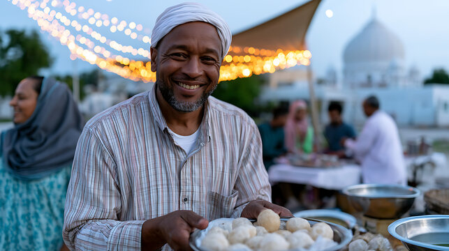 man distributing freshly made food to his community representing generosity humanitarian aid and traditional cultural values