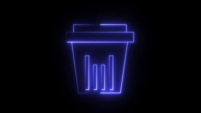 A digital animation of a blue neon trash can icon on a black background, commonly used to represent deleting files or cleaning up data.