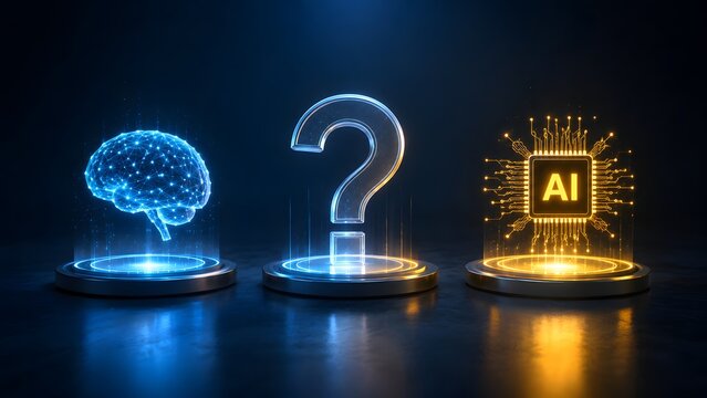 Glowing blue brain and orange ai microchip flanking glass question mark. Concept of machine learning comparison, and technology dilemma.