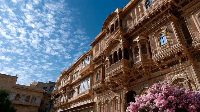historic indian palace facade featuring detailed sandstone carvings and balconies representing traditional jaisalmer architecture