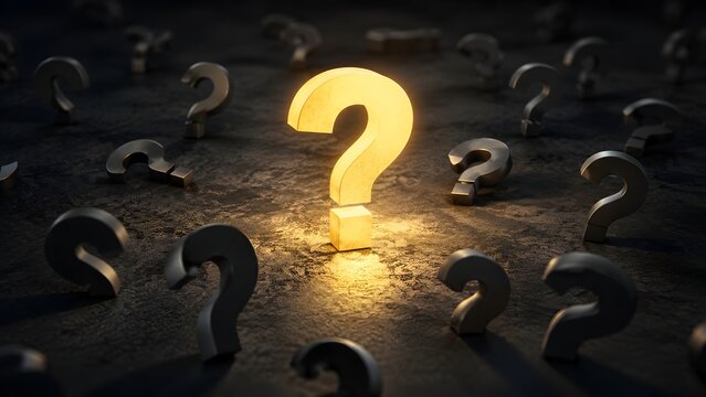 Golden question mark among scattered dark metallic marks on rough ground. Concept of business problem solving, customer faq, and strategic decision.