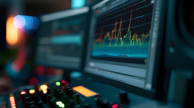 Close up of digital audio mixing console and waveform display screen showing colorful sound analysis graphs