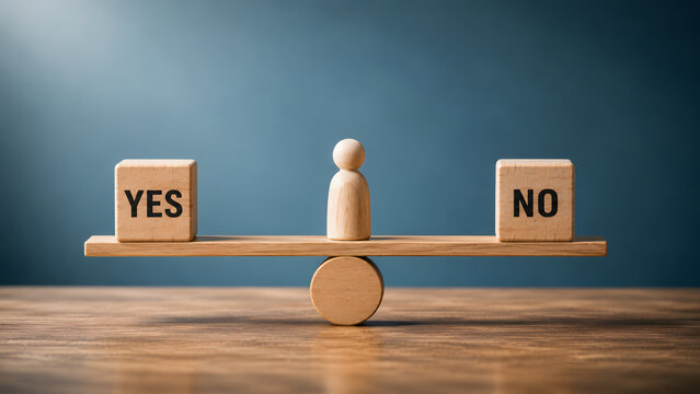 Plain wooden figure acting as a pivot balancing yes and no blocks. Concept of impartial legal arbitration and business conflict.