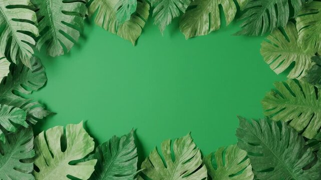 Tropical Monstera Leaves Frame Vibrant Green Background Subtle Camera Pan Concept