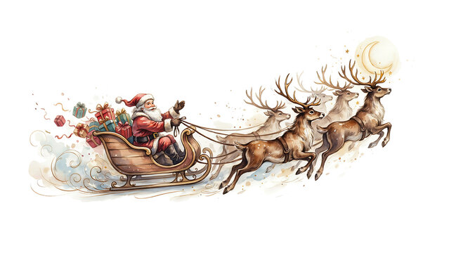 Santa claus riding a wooden sleigh pulled by flying reindeer isolated on a transparent background