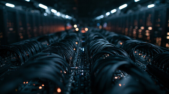 Data Center Server Room Racks with Cables and Lights