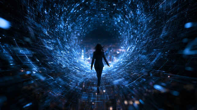 Businesswoman Walking Through Digital Data Tunnel Towards Future City