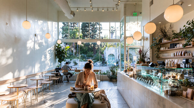 Young Woman Writing in Notebook at Modern Bright Cafe
