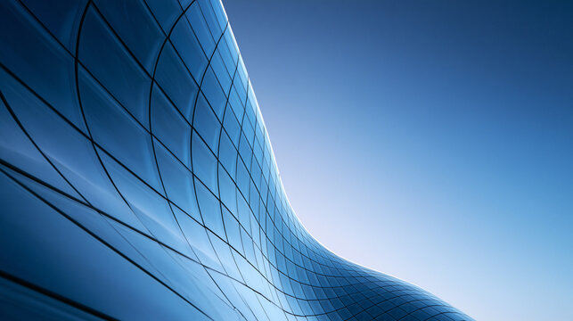 Futuristic Modern Architecture Curved Glass Facade Against Blue Sky
