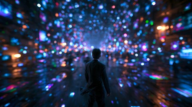 Businessman Standing in Glowing Futuristic Digital Metaverse Tunnel