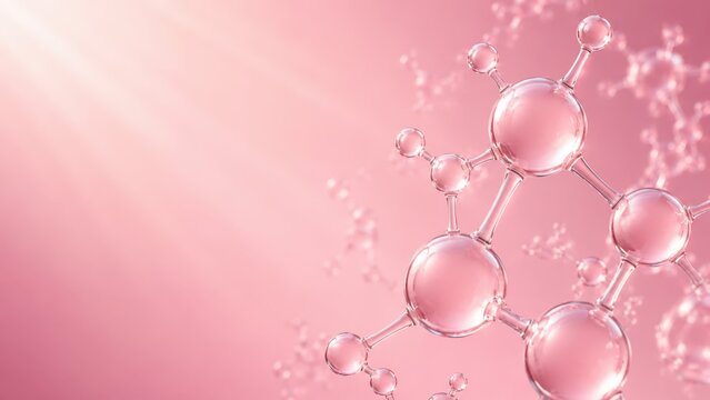 Transparent pdrn molecules on pink background, salmon dna skincare research, salmon sperm facial treatment, dna skin booster therapy, cellular renewal, tissue repair, cosmetic biotechnology