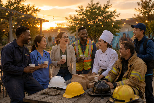 Diverse group of essential workers from different professions gathering outdoors during sunset for conversation and community connection