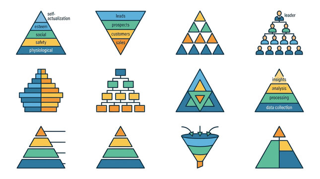 Set of colorful pyramid charts and hierarchy diagram icons for business data analysis