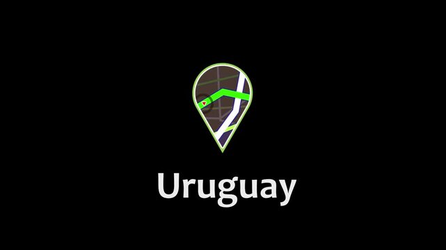 Abstract digital navigation map with glowing green path and target marker, uruguay, route location gps travel technology
