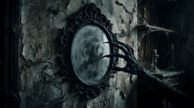 Eerie clawed hand reaching from a dark mirror in a haunted room