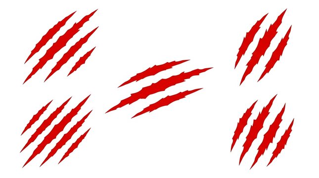 Set of red claw scratch marks isolated on white background