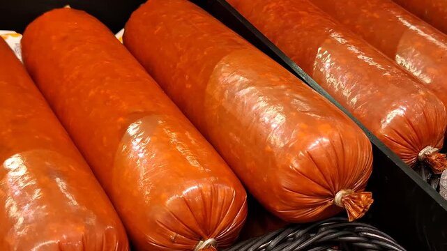 Large sausage loaves wrapped in clear packaging, processed meat product displayed for retail and food preparation.