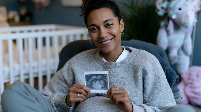 happy pregnant woman holding ultrasound sonogram photo at home representing pregnancy motherhood baby expectation and family joy concept
