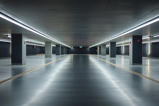 Empty modern underground parking garage with bright lights