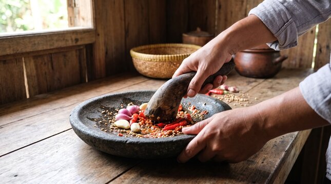 Traditional Indonesian spices ground with cobek and ulekan into fresh bumbu. Ideal for food advertising, cookbooks, culinary education, restaurant branding, and cultural content.