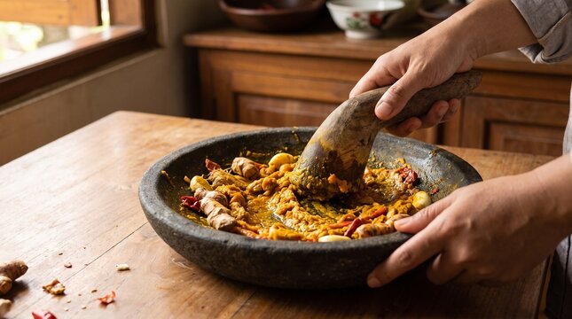 Fresh turmeric, ginger, garlic, and chili ground into traditional Indonesian bumbu. Perfect for recipe publishing, food advertising, culinary tourism, and cooking education.