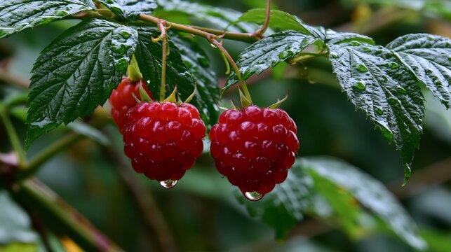Ripe raspberries hanging from a bush with water drops