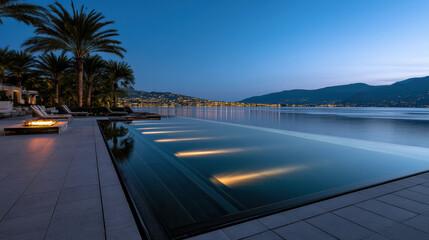 Fototapeta premium Luxury resort infinity pool palm tree waterfront evening illuminated tranquil modern outdoor scenic relaxation