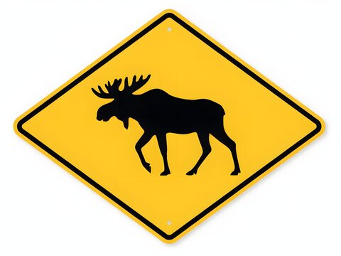 Yellow diamond-shaped warning sign with black silhouette of a moose crossing road ahead