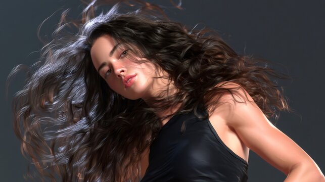 Woman with flowing curly hair in motion portrait