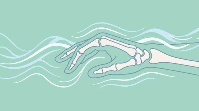 Hand joint anatomy outline with bones and soft tissue on pastel background