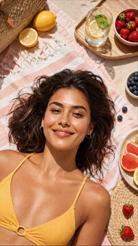 Woman relaxing at a sunny summer picnic from above