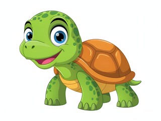 Fototapeta premium Cute cartoon green turtle with big eyes and happy smile walking on white background